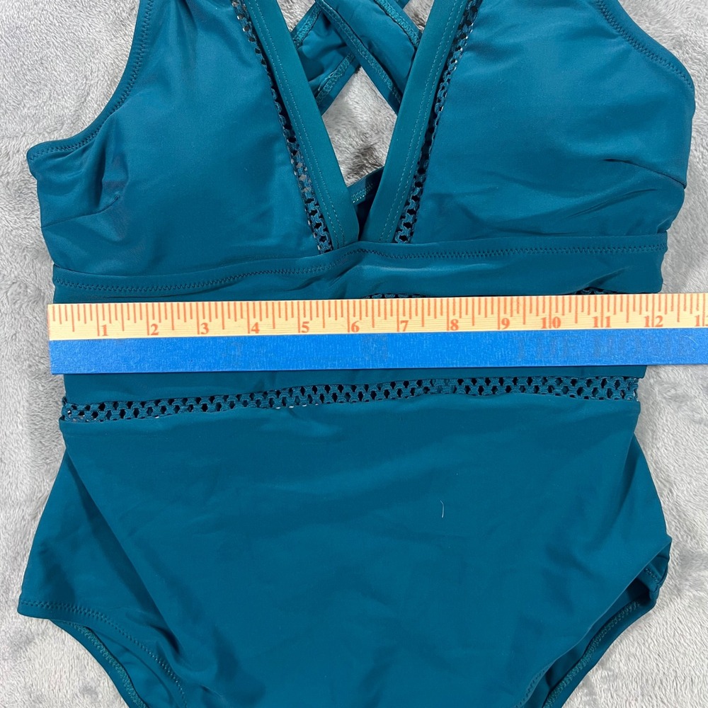 Tempt Me One Piece Swimsuit Womens Small Teal Blue New‎ Crochet Mesh V-Neck - Picture 8 of 11